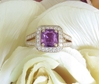 Square Cut Natural Magenta Purple Sapphire Ring with a split shank and real diamonds in solid 14k rose gold for sale