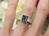 Radiant Genuine Green Sapphire and Baguette Diamond Engagement Ring in 18k white gold for sale