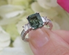 3 carat Radiant Natural Green Sapphire and Baguette Diamond Wedding Ring in real 18k white gold for sale