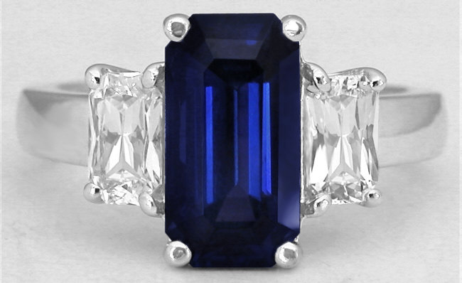 Large Unheated Natural Emerald Cut Blue and White Sapphire Ring in 14k white gold