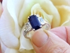 Emerald Cut Natural Unheated Blue and White Sapphire Three Stone Ring in 14k white gold for sale