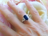 Large Unheated Untreated Long Emerald Cut Blue Sapphire Three Stone Ring in 14k white gold for sale