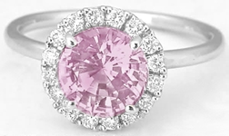 Large Natural Light Pink Sapphire Ring - Real Diamond Halo in skinny 14k white gold band