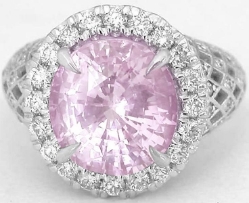 Natural Oval Light Pink Sapphire Ring with Diamond Halo in ornate white gold band for sale