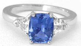 Cushion Blue and Trillion White Sapphire ring in 14k white gold
