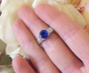 Natural Blue Sapphire Solitaire Engagement Ring in solid 14k white gold. 7mm Cushion Ceylon Sapphire.
