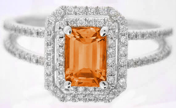 Natural Emerald Cut Orange Sapphire Ring with Diamond Halo in 14k white gold