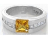 Natural Yellow Orange Sapphire Tank Ring - Real channel set princess diamonds set in a solid 14k white gold band