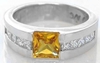 Natural Yellow Orange Sapphire Tank Ring - Real channel set princess diamonds set in a solid 14k white gold band for sale
