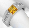 14k White Gold Tank Ring with 6mm Princess Cut Yellow Orange Sapphire and 10 Princess Cut Diamonds