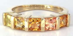 Princess Sapphire Ring Band - Shades of Orange to Yellow Sapphire in 14k yellow gold