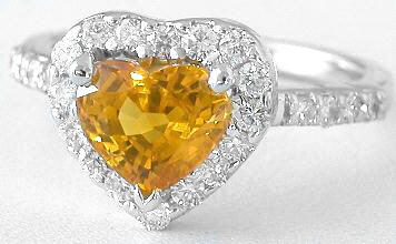Heart Cut Natural Untreated Orange Sapphire Engagement Ring with Real Diamond Halo in solid 18k white gold