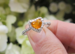 Untreated Unheated Natural Orange Heart Cut Sapphire Engagement Ring with Real Diamond Halo in solid 18k white gold