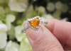 Untreated Natural Orange Heart Cut Sapphire Engagement Ring with Real Diamond Halo in solid 18k white gold