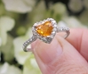 Heart Cut Natural Unheated Orange Sapphire Ring with Real Diamond Halo in solid 18k white gold for sale
