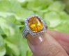 7 carat Natural Orange Sapphire Wedding Ring- Cushion Cut Orange Sapphire with real Diamond Halo in solid 18k white gold