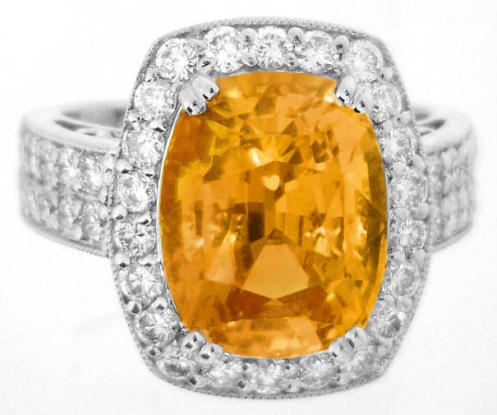 Large Natural Orange Sapphire Ring- Cushion Cut Orange Sapphire with real Diamond Halo in solid 18k white gold