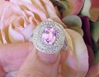 Light Pink Sapphire Ring - Large Cushion Natural Pink Sapphire Cocktail Ring with Real Diamond Double Halo in solid 14k white gold for sale