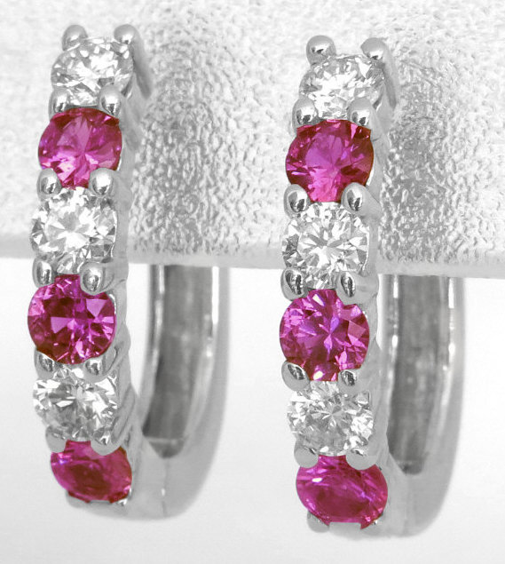 Alternating Round Natural Pink Sapphire and Real Diamond Earrings in solid 14k white gold