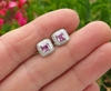 Real Princess Cut Pink Sapphire and Pave Diamond Stud Earrings in 14k white gold