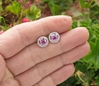 Round Real Pink Sapphire Studs with Diamond Halo in 14k white gold. 5.5mm