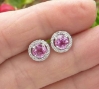 Pink Sapphire Stud Earrings with Diamond Halo in 14k white gold