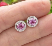 Pink Sapphire Stud Earrings with Diamond Halo in 14k white gold