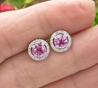Pink Sapphire Stud Earrings with Diamond Halo in 14k white gold