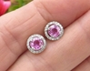 Round Cut Real Pink Sapphire Stud Earring with Diamond Halo in 14k white gold