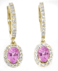 Oval Pink Sapphire Earrings with Diamond Halo in 14k yellow gold