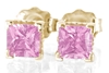 Natural pink sapphire pincess cut stud earrings in yellow gold
