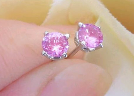 4mm Round Ceylon Natural Pink Sapphire Stud Earrings in 14k white gold for sale