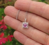 Cushion Cut Natural Pink Sapphire Pendant with Diamond Halo in 14k white gold
