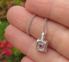 Cushion Cut Pink Sapphire Pendant with Diamond Halo in 14k white gold for sale