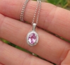 Real Pink Sapphire Pendant with Real Diamond Halo in 14k white gold