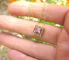 Princess Cut Natural Ceylon Pink Sapphire Necklace with a Diamond Halo in real 14k yellow gold