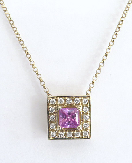Princess Cut Natural Pink Sapphire and Diamond Pendant in 14k yellow gold
