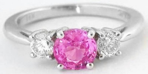 Natural Round Pink Sapphire Three Stone Diamond Engagement Ring in 14k white gold