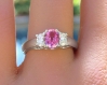 Natural oval pink sapphire three stone ring with real oval diamonds in a 14k white gold