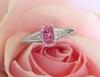 Petite Emerald Cut Natural Pink Sapphire and Diamond Ring in 14k white gold for sale