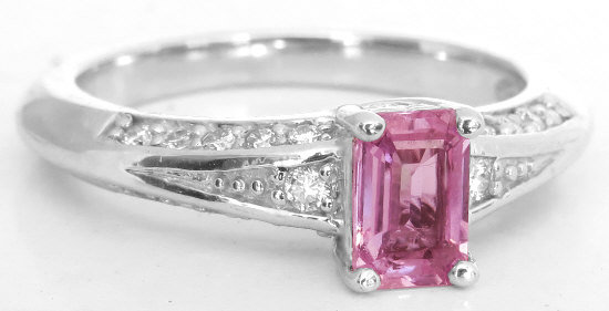 Genuine Women's Emerald Cut Natural Pink Sapphire Ring with Diamonds in 14k white gold