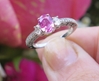 Natural Pink Sapphire Ring- Antique style engagment ring with oval side diamonds in slid 14k white gold