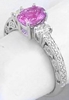 Vintage style natural oval pink sapphire three stone engagement ring in 14k white gold for sale