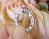 Pear Cut Natural Pink Sapphire Ring with Real Baguette Diamonds in solid 18k white gold - Vintage Design
