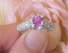 Round Cut Natural Pink Sapphire Real Pave Diamond Ring in vintage style 18k white gold setting