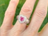 Genuine Bold Pink Sapphire Heart Ring - Real Diamond Halo in solid wide 14k white gold setting