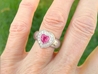 Genuine Bold Pink Sapphire Heart Ring - Real Diamond Halo in solid wide 14k white gold setting