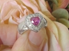 Natural Heart Pink Sapphire Ring - Bold Heart Cut Sapphire with a Real Diamond Halo in solid wide 14k white gold setting for sale