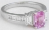 14k white gold Radiant Cut Pink Sapphire and Baguette Diamond Ring