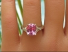 Three Stone Natural 3.45 carat Ceylon Cushion Cut Rose Pink Sapphire and 5mm Trillion Diamond Ring in Platinum